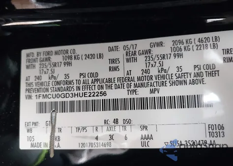 2017 Ford Escape Se z USA, uszkodzony, nr VIN 1FMCU0GD3HUE22256
